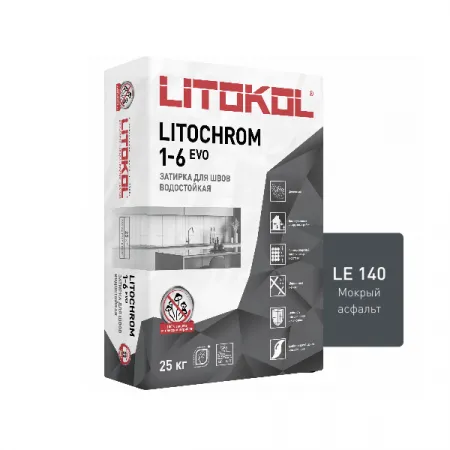 Цветная цементная затирка Литокол LITOCHROM 1-6 EVO 25кг LE.140 мокрый асфальт - фото 1