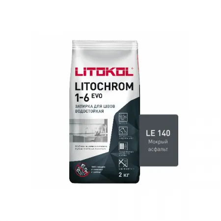 Цветная цементная затирка Литокол LITOCHROM 1-6 EVO 2кг LE.140 мокрый асфальт - фото 1