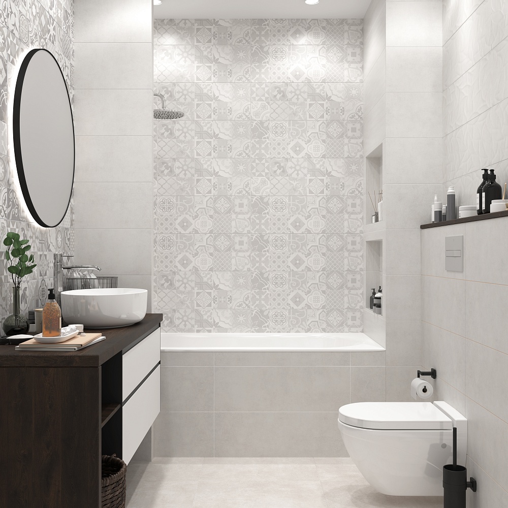 Плитка Вставка Dover Vetro Ivory 25x75 в интерьере